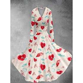 Women's Heart Graphic Print V Neck Dolman Sleeve Midi Dress Vintage Valentine's Day Daily Long Sleeve Spring Fall