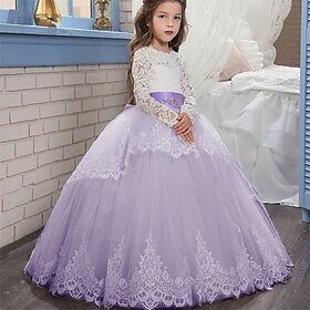 Flower Girl Dress Kid's Girls' Princess Dress Performance Wedding Party Elegant Beautiful Mesh Solid Color Long Sleeve Crew Neck Light Yellow Light Pink 4 year
