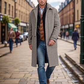Men's Overcoat Trench Coat Long Trench Coat Vacation Daily Fall  Winter Polyester Thermal Warm Windproof Outerwear Clothing Apparel Fashion Classic Houndstooth