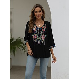 Women's Shirt Boho Shirt Rayon Casual Boho Floral Embroidered Elbow Sleeve 3/4 Length Sleeve Regular Tops V Neck Carnival Vacation Party Black Summer Spring  S