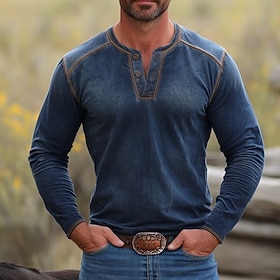Men's T shirt Henley Shirt Henley Top Long Sleeve Solid Color Vintage Patchwork Henley Outdoor Causal Casual Spring Fall Spring Fall Blue Henley T-Shirt