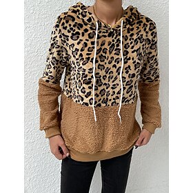 Women's Pullover Warm Classic Casual Leopard Street Casual Going out Hooded Long Sleeve Brown Spring   Fall Fall  Winter