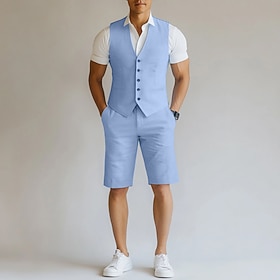 Men's Tuxedos Linen Suits Beach Wedding Casual Navy Blue Sky Blue Spring, Fall, Winter, Summer Suit Solid Colored Tailored Fit 2 Piece