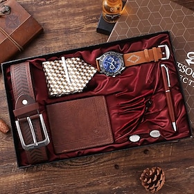 6 Pcs/Set Men's Gift Set with Box Leather Belt Wallet Tie Cufflinks Watch Pen Gifts for Men