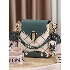 Women's Trendy Plaid Mini Shoulder Bag with Bear Charm, Chain Strap, and Colorblock Design  Perfect for Casual Outings and Daily Use Earth Yellow Black