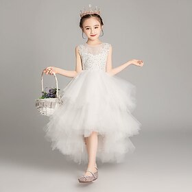 Flower Girl Dress Kid's Girls' Princess Dress Performance Wedding Party Elegant Beautiful Mesh Solid Color Sleeveless Crew Neck White 4 years