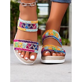 Women's Bohemian Wedge Sandals  Colorful Embroidered Slip-On Platform Shoes for Summer, Beach, and Casual Wear