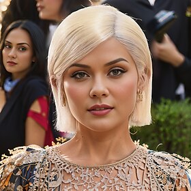 kylie jenner inspirerte parykker syntetisk parykk rett asymmetrisk parykk kort platinablond syntetisk hår fasjonabelt design for kvinner myk naturlig blond