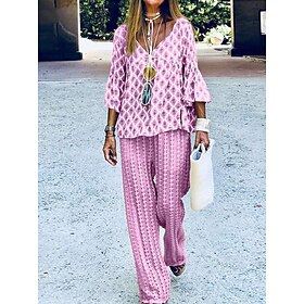 Women's Vacation Fashion T Shirt Trousers Long Sleeve Crew Neck Graphic Patchwork Outdoor Yellow Blue Purple Spring   Fall Regular Fit