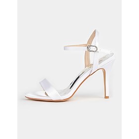 White Satin Open-Toe High Heel Sandals with Rhinestone Ankle Straps - Women's Wedding Shoes