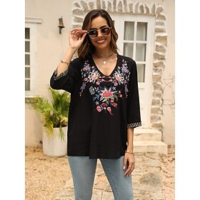Women's Shirt Boho Shirt Rayon Casual Boho Floral Embroidered Elbow Sleeve 3/4 Length Sleeve Long Tops V Neck Carnival Vacation Party Black Summer Spring  Summ