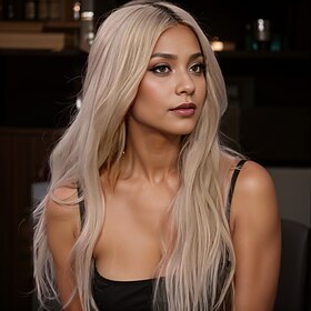 Kim Kardashian geïnspireerde pruiken synthetische pruik golvende middenscheiding pruik lang lichtblond synthetisch haar dames modieus design zacht natuurlijk b