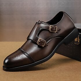 Men's Brown Faux Leather Double Monk Strap Dress Shoes with Brogue Detailing, Classic Style for Wedding, Formal and Business Wear