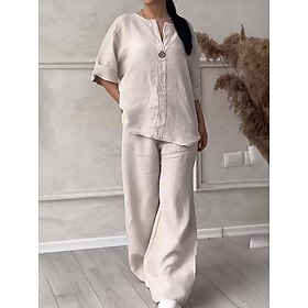 Women's Fashion Streetwear Daily Shirt Blouse Wide Leg Pants 3/4 Length Sleeve Crew Neck Plain Casual Daily Black White Army Green Summer Regular Fit