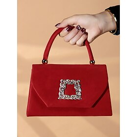 Women's Elegant Red Evening Clutch Bag with Rhinestone Buckle, Suede Finish, Top Handle and Chain Strap, Perfect for Weddings, Parties and Formal Events Almond