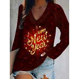 Women's T Shirt Casual Print Long Sleeve Regular Tops V Neck Vacation New Year Daily Wine Spring   Fall
