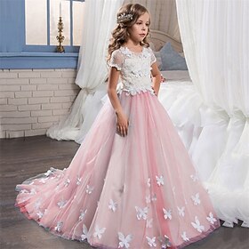 Flower Girl Dress Kid's Girls' Princess Dress Performance Wedding Party Elegant Beautiful Mesh Solid Color Short Sleeve Crew Neck Light Yellow White 4 years