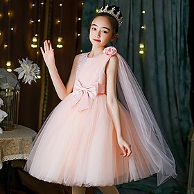 Flower Girl Dress Kid's Girls' Princess Dress Performance Wedding Party Elegant Beautiful Mesh Solid Color Sleeveless Crew Neck White Champagne 4 years
