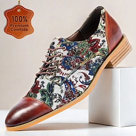 Men's Premium Cowhide Leather Paisley Print Oxford Shoes with Brown and Multicolor Accents  Stylish and Comfortable Footwear for Casual and Semi-Formal Events