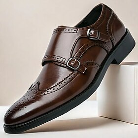 Men's Brown Double Monk Strap Dress Shoes  Genuine Faux Leather Brogue Oxford Shoes for Formal Events and Office Wear