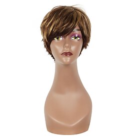 Human Hair Wig Short Natural Straight Pixie Cut Side Part Layered Haircut Natural Color Easy dressing Thick Highlighted / Balayage Hair Machine Made Vietnamese