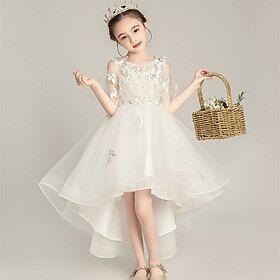 Flower Girl Dress Kid's Girls' Princess Dress Performance Wedding Party Elegant Beautiful Mesh Solid Color Sleeveless Crew Neck White 4 years