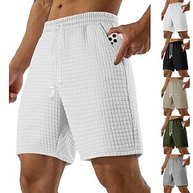 Men's Waffle Shorts Sweat Shorts Bermuda shorts Pocket Drawstring Elastic Waist Plain Comfort Sports Short Outdoor Yoga Daily Casual Athleisure Black White Mic