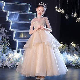 Flower Girl Dress Kid's Girls' Princess Dress Performance Wedding Party Elegant Beautiful Mesh Solid Color Sleeveless Crew Neck Champagne 4 years