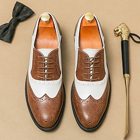 Men's Two-Tone Wingtip Oxford Brogue Shoes in Brown and White, Genuine Leather Gatsby-Inspired 1920s Vintage Dress Shoes for Wedding, Jazz Party, and Formal Ev