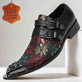 Men's Premium Cowhide Leather  Jacquard Fabric Floral Embroidered Monk Shoes with Metal Toe Cap, Stylish Formal Footwear with Buckle Detail, Perfect for Busine