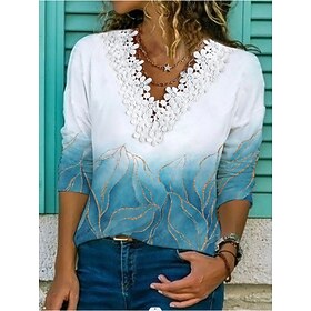 Women's Shirt Blouse Casual Lace Print Long Sleeve Regular Tops V Neck Daily Pink Blue Light Blue Spring   Fall