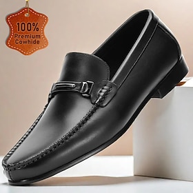 Men's Black Premium Cowhide Leather Loafers with Metal Buckle, Comfortable Slip-On Shoes for Formal and Casual Occasions