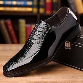 Men's Black Faux Leather Dress Shoes with Crocodile Pattern, Lace-Up Design, and Elegant Formal Style for Office or Special Occasions
