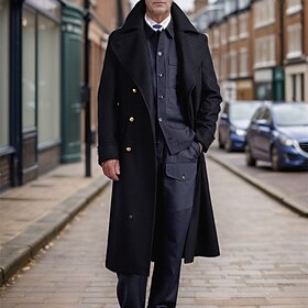 Men's Overcoat Trench Coat Long Trench Coat Vacation Daily Fall Winter Polyester Thermal Warm Windproof Outerwear Clothing Apparel Fashion Classic Plain Pocke