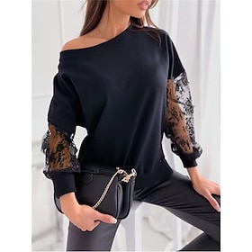 Women's Pullover Fashion Casual Plain Dailywear Casual Sports Crew Neck Patchwork Loose Fit Long Sleeve Black White Spring Fall Winter