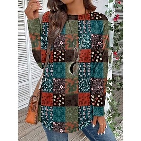 Women's T Shirt Casual Print Long Sleeve Long Tops Crew Neck Daily Blue Fall Winter