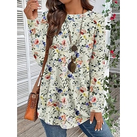 Women's T Shirt Casual Print Long Sleeve Long Tops Crew Neck Daily Green Fall Winter