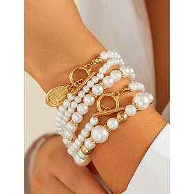 Women's Imitation Pearl Bracelet Set with Gold Accents, Multi-Layer Elegant Design, Fashion Jewelry for Weddings, Parties, and Formal Events