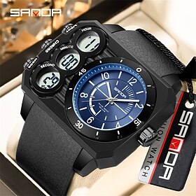 SANDA Men Digital Watch Outdoor Fashion Casual Wristwatch Luminous Alarm Clock Three Time Zones Calendar TPU Watch
