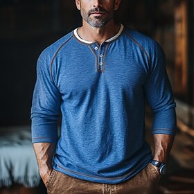 Men's T shirt Henley Shirt Henley Top Long Sleeve Solid Color Vintage Contrast Stitching Henley Outdoor Causal Casual Spring Fall Spring Fall Blue Henley T-S