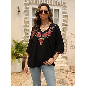 Women's Shirt Boho Shirt Rayon Casual Boho Floral Embroidered Elbow Sleeve Short Sleeve Regular Tops V Neck Carnival Vacation Party Black Summer Spring  Summer