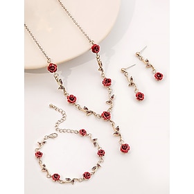 Red Rose Jewelry Set for Women, Includes Necklace, Earrings, and Bracelet, Romantic Floral Design for Weddings, Valentine's Day, and Gift Giving