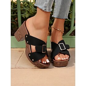 Women's Black Platform Slide Sandals with Buckle Detail and Wood-Grain Block Heels, Stylish Summer Shoes for Casual and Party Wear