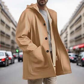 Men's Peacoat Trench Coat Vacation Daily Fall  Winter Polyester Thermal Warm Soft Outerwear Clothing Apparel Fashion Classic Plain Pocket Hooded Single Breaste