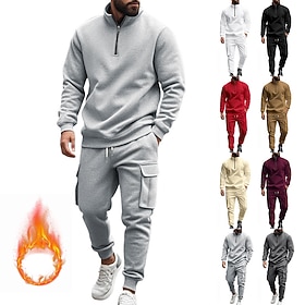 Men's Tracksuit Sweatsuit Quarter Zip Sweatshirt Apricot Black White Wine Red Half Zip Plain 2 Piece Sports Outdoor Daily Holiday Polyester Streetwear Basic C