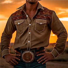 Men's Tribal Bandana Print Shirt Western Shirt Long Sleeve Shirt Turndown Vintage Outdoor Street Casual Daily Pink Red Blue S M L