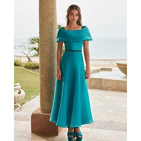 A-Line Evening Gown Elegant Dress Formal Wedding Ankle Length Short Sleeve Queen Anne Champagne Mother Of the Bride Dress Satin with Bow(s) Beading Butterfly 2