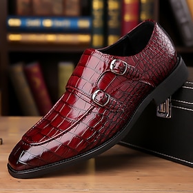 Men's Red Faux Leather Crocodile Pattern Double Monk Strap Shoes with Shiny Patent Finish  Formal Business  Party Footwear