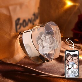 Personalized 3D Engraved Crystal Photo Gift Custom Heart-Shaped Holographic Laser Photo Decoration Birthday,Valentine's Wedding Memorial, Mother's Day,Christma