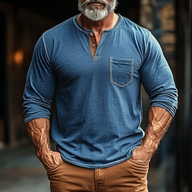 Men's T shirt Henley Shirt Henley Top Long Sleeve Solid Color Vintage Patchwork Pocket Henley Outdoor Causal Casual Spring Fall Spring Fall Blue Henley T-Shi